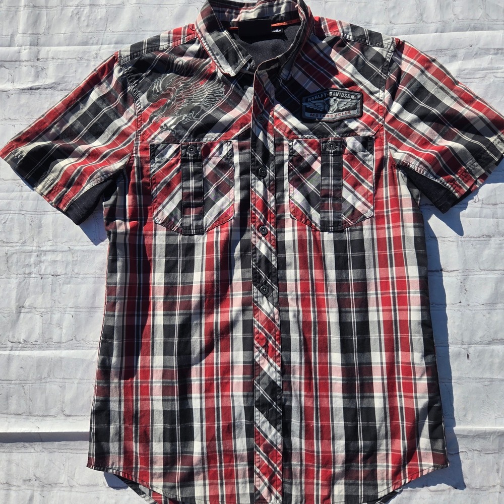Harley-Davidson performance Plaid Short Sleeve button up Eagle M biker grunge